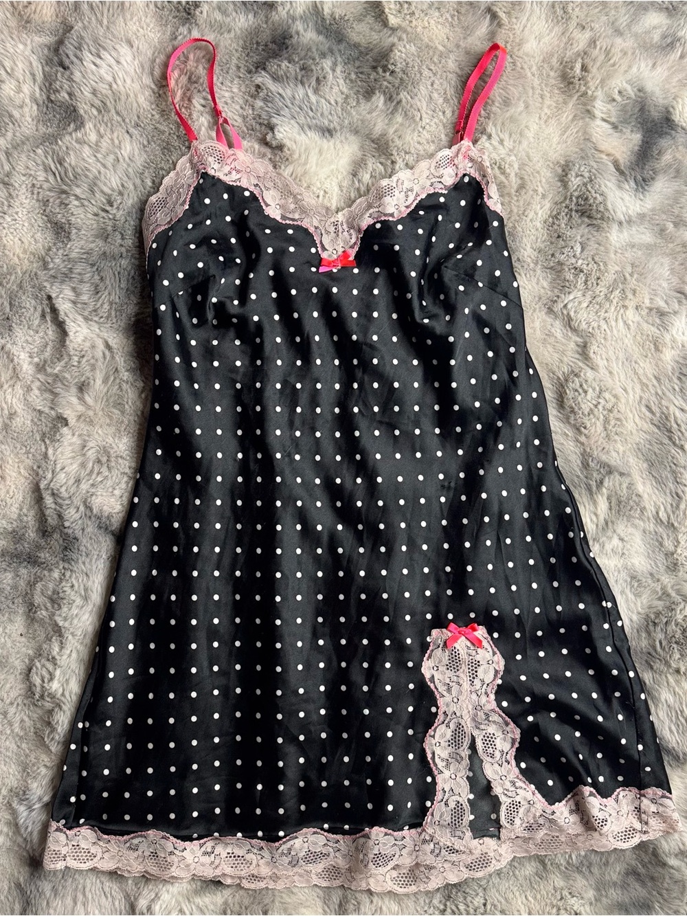 Victoria's Secret Black Polka Dot Slip with Pink Lace Trim